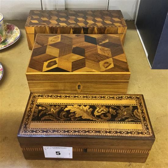 2 Tunbridge Ware cube boxes and a mosaic box(-)